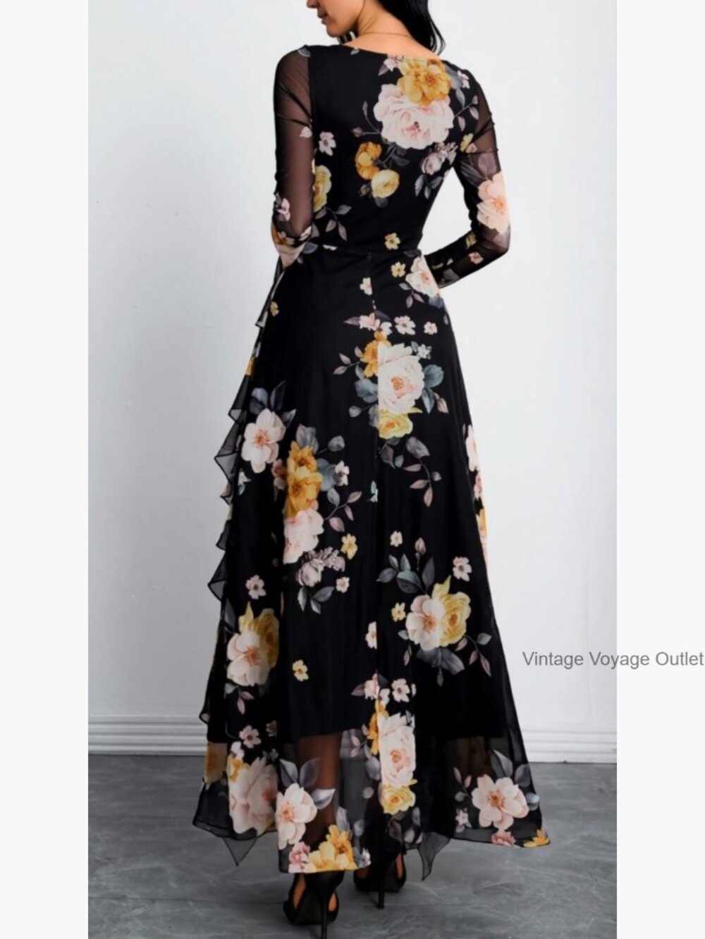 Square Neck Mesh Sheer Long Sleeve Ruffle Layered Midi Dress - Picture 7 of 7